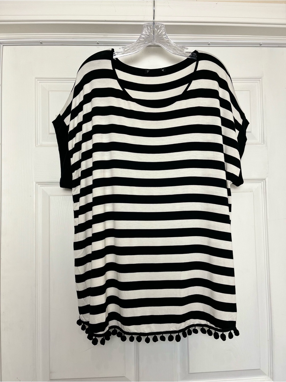 Spense | Black White Striped Pom Fringe Boxy Silky Tunic Top, XL